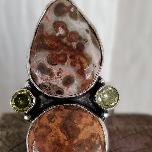 New Leopard Skin Jasper, Fossil Coral, Citrine 925 Silver Statement Ring. - Picture 3 of 8